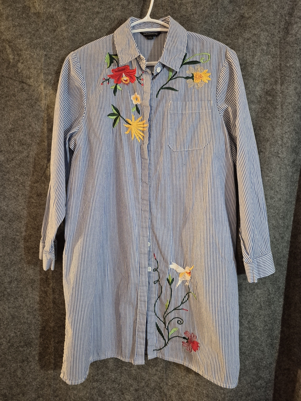 HAODUOYI Blue and White Striped Button-Up Top